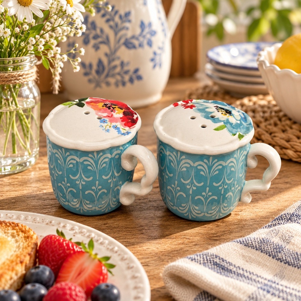 Pioneer Woman Melody Teacup Salt and Pepper Shaker Set Teal Floral Ceramic NEW